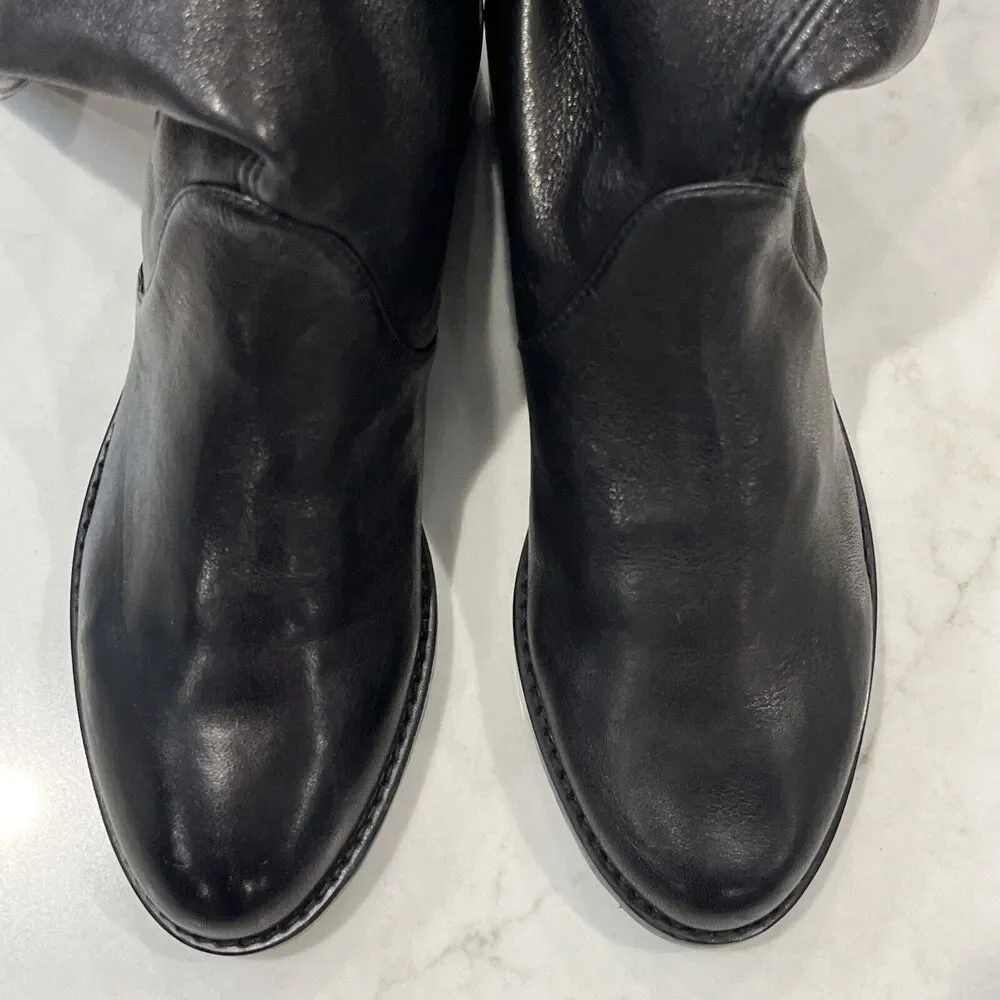 Stuart Weitzman Over Knee‎ Boots Black Leather Womens Sz 4 Low Stacked Heel